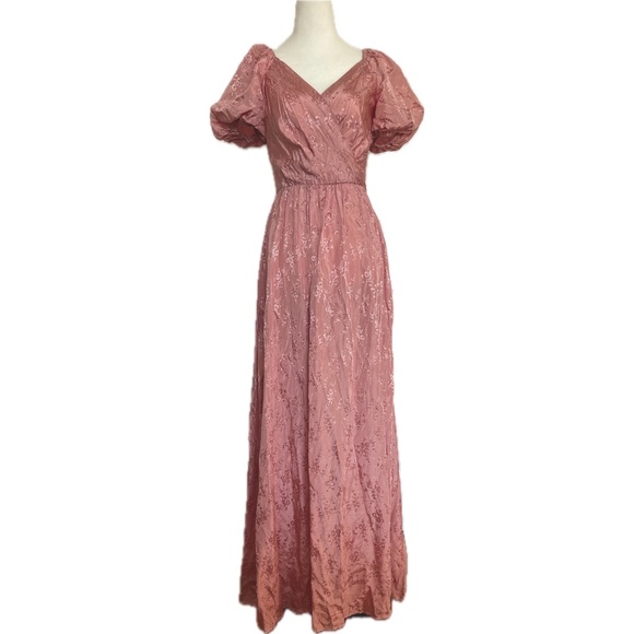 Vintage 80s NuMode Pink Floral Wrap Top Puff Sleeve Maxi Party Dress UK 12 US Sm - Picture 1 of 12